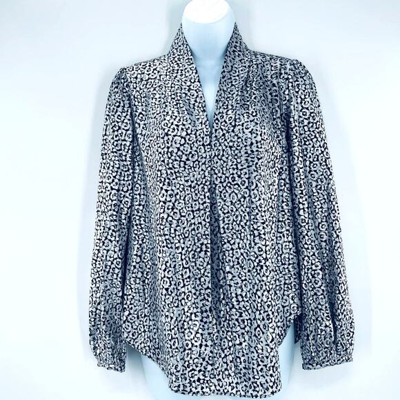 MICHAEL KORS Silver Metallic Animal Print Long Sleeve V-Neck Blouse XS - Picture 2 of 12